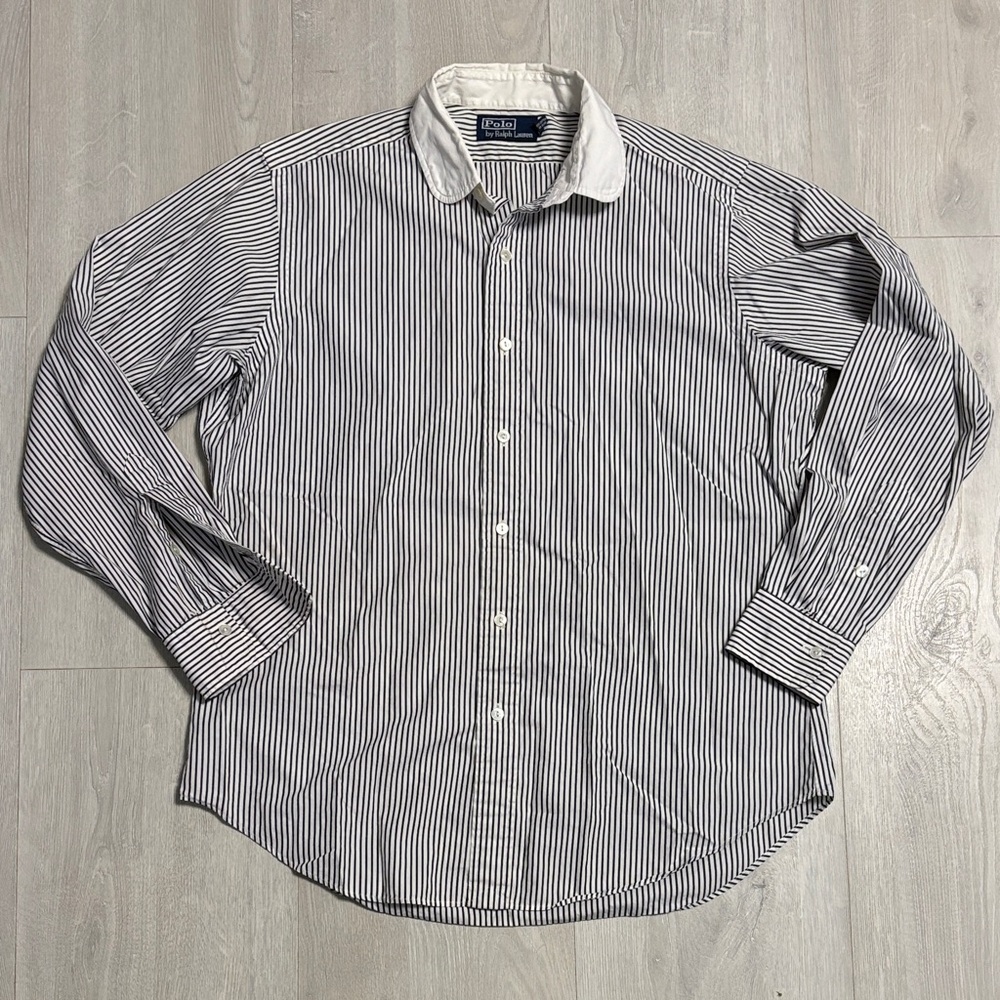 Polo by Ralph Lauren Men's Navy and White Striped Button-Down Shirt